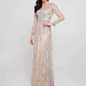 Terani Couture Long Sleeve Silver Lace Nude Dress Size 14